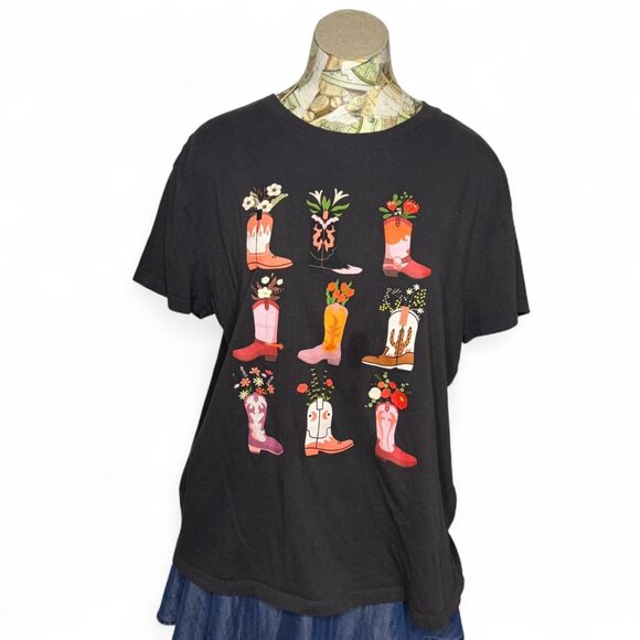 Doe Black Cotton Western Cowboy Boot Print Graphic Tee XL - Picture 3 of 6